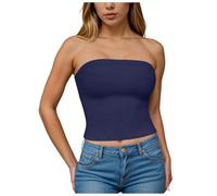 YueYue Schulterfrei Tube Top Damen Bandeau Top Y2K Slim Fit Crop Tops Sexy Sommer Tops Doppelt Gefüttert Cami Tanktops Basic Einfarbig Schulterfrei Shirts Elegant Oberteile Stretch Shirt (Navy, L)