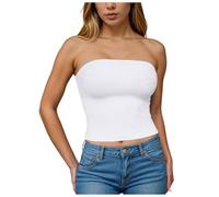 YueYue Schulterfrei Tube Top Damen Sexy Ärmellos Tank Top Damen Sommer Tops Aesthetic Y2K Slim Fit Crop Top Sommertops Elegant Trägerloses Bandeau Top Einfarbig Basic Slim Fit Oberteile (1-White, M)