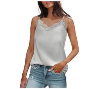 YueYue Tank Top Damen Cami Top mit Spitze V-Ausschnitt Sommer Oberteile Elegant Spaghetti Tanktops Sexy Sommershirt Locker Spitzentop Lässig Ärmellose Camisole Shirt Blusentop (Grey, L)