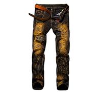 YUEZHAN Jeans Pantalon Modische Jeans Herren-Jeans Mit Zerrissenen Löchern Abgenutzte Schmal Geschnittene Gerade Röhren-Herrenjeans 38 Retro-Gelb