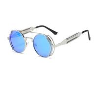 YUEZHAN Sonnenbrille Herren Punk Runde Sonnenbrille Herren Metallrahmen Sonnenbrille Damen Spiegel Persönlichkeit Frühlings Brille Silber-Blau