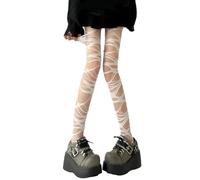 YUEZHAN Strapsstrümpfe Halterlose Strümpfe Frauen Strumpfhose Hohl Aus Unregelmäßig Punk Gothic Zerrissene Löcher Heiße Mädchen Party Elastische Dame Lange Strümpfe Weiß