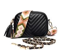 YUHONLNOR Crossbody Bag Damen breiter Gurt umhängetasche Damen klein mit verstellbarem breitem Riemen und Kette,schwarzV3.