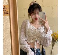 Yujun Rüschen Floral Top Bluse Puffärmel Crop Top Frauen Lace Up Chiffon Shirt Schulterfrei Casual Damen Korean Fashion Neu
