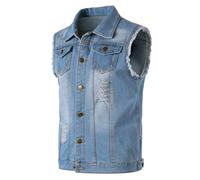 Yukirtiq Herren Denim Westen Zerrissen Männer Jeansweste Ärmellose Jeansjacken Freizeitweste Slim Fit Motorrad Weste Denim-Jacke, Hellblau, XXL