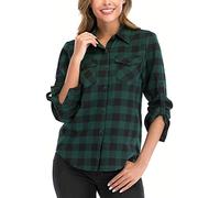 Yukiuiny Damen Kariertes Hemd Baumwolle Langarm Holzfällerhemd Flanell Westernbluse Button-down Karobluse für Oktoberfest,Grün,XXL