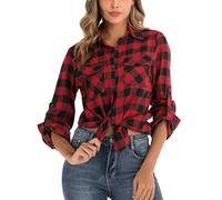 Yukiuiny Damen Kariertes Hemd Baumwolle Langarm Holzfällerhemd Flanell Westernbluse Button-down Karobluse für Oktoberfest,Rot,XL
