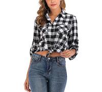 Yukiuiny Damen Kariertes Hemd Baumwolle Langarm Holzfällerhemd Flanell Westernbluse Button-down Karobluse für Oktoberfest,Schwarz-weiß,XL