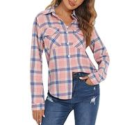 Yukiuiny Damen Kariertes Hemd Baumwolle Langarm Holzfällerhemd Flanell Westernbluse Button-down Karobluse für Oktoberfest,Rosa-blau,S