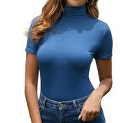 Yukiuiny Damen Kurzarm Rollkragenpullover Elegant Dünnes Rollishirt Elastisch Jersey Unterziehrolli Basic Unterhemd blau,S