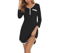 Yukiuiny Damen Nachthemd 3/4 Arm Baumwolle Kurzes Nachtkleid mit Knopfleiste Elegant Sexy Spitze Stillnachthemd,S Schwarz