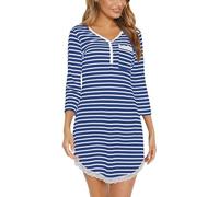 Yukiuiny Damen Nachthemd 3/4 Arm Baumwolle Kurzes Nachtkleid mit Knopfleiste Elegant Sexy Spitze Stillnachthemd,XXL Blau Streifen
