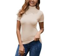 Yukiuiny Damen Rollkragenpullover Dünnes Kurzarm Rollkragenshirt Elegant Stretch Unterziehrolli mit Stehkragen beige,S