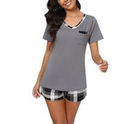 Yukiuiny Damen Schlafanzug Kurz Pyjama Set Baumwolle Kurzarm Sommer Nachtwäsche grau Schlafshirt + schwarz-Weiss Karierte Hose, XL