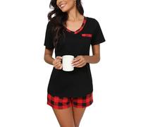 Yukiuiny Damen Schlafanzug Kurz Pyjama Set Baumwolle Kurzarm Sommer Nachtwäsche schwarz Oberteil + rot schwarz Karierte Hose, XXL