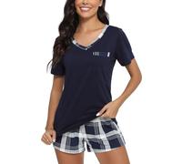 Yukiuiny Damen Schlafanzug Kurz Pyjama Set Baumwolle Sommer Shorty Zweiteiliger Nachtwäsche V Ausschnitt Sleepshirt Karo Shorts Navyblau, XXL