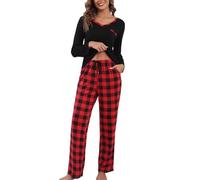 Yukiuiny Damen Schlafanzug Lang Pyjama Set Baumwolle Zweiteiliger Nachtwäsche V Ausschnitt Sleepshirt Lange Karo Pyjamahose Rot, S