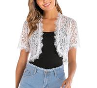 Yukiuiny Damen Spitze Bolerojacke Kurzarm Elegant Festlich Cardigan Kurzes Jäckchen zum Kleid Leichte Luftige Sommerjacke Weiß, L