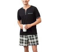 Yukiuiny Herren Pyjama Kurz Schlafanzug Baumwolle Shorty Pyjama Set Leicht Luftig Sommer Nightwear Gr.M-3XL schwarz, XL