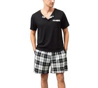 Yukiuiny Herren Pyjama Kurz Schlafanzug Baumwolle Shorty Pyjama Set Leicht Luftig Sommer Nightwear Gr.M-3XL schwarz, L