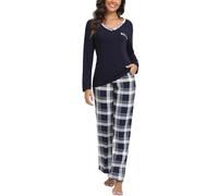 Yukiuiny Schlafanzug Damen Lang Baumwolle Pyjama Set V Ausschnitt Langarm Sleepshirt Lange Karierte Pyjamahose Navyblau, XL