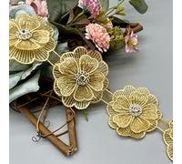 Yulakes 2 Yards 3D Blumen Spitzenbesatz exquisite bestickte Applikation Patches Stoff Gold Perle Perlen Spitzenband Spitzenborte für DIY Nähen Handwerk (Gold)