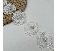 Yulakes 2 Yards 3D Blumen Spitzenbesatz exquisite bestickte Applikation Patches Stoff Gold Perle Perlen Spitzenband Spitzenborte für DIY Nähen Handwerk (Weiss)