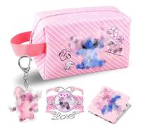 yumcute Kosmetiktasche 4 Stück Set Mit Schlüsselanhänger Armband Kleiner Spiegel und Cartoon Make-up Tasche Reise-Kosmetiktasche Kulturtasche Hohe Kapazität Geschenk für Mädchen
