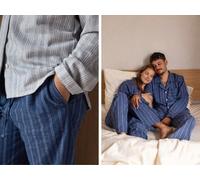 Yumeko Pyjamahose Herren Velvet Flanell Denim Blue/White Stripe XL