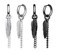 Yumilok 2 Paar Feder Punk Creolen Herren Edelstahl Blatt Huggie Ohrstecker Set Scharnier Unisex Piercing Schmuck Feder Anhänger Ohrringe Lange Kette Baumeln Ohrringe