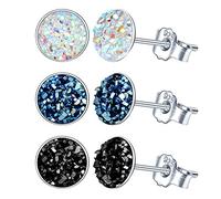Yumilok 3 paar Damen Ohrstecker 925 Sterling Silber rund Kristall 8mm blau schwarz Weiß Schmuck Set Gestüt Piercing Ohrringe Ohrschmuck für Mädchen