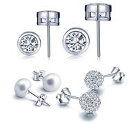 Yumilok 4 Paar Damen Ohrringe aus 925 Sterling Silber Zirkonia Perlen Ohrstecker Kristall Kugel Huggie Creolen Hypoallergen Ohrringe Set Earrings Knorpel Ohrschmuck für Frauen Mädchen