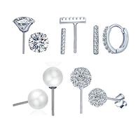 Yumilok 5 Paar 925 Silber Damen Ohrstecker Ohringe Creolen Schmuck Set Schamballs Kugeln Perle Stäbchen Zirkonia Solitär Piercing für Mädchen