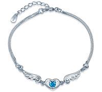 Yumilok 925 Sterling Silber Blau Zirkonia Herzen Engelsflügel Charm-Armband Armkette Verstellbar Armkettchen Armschmuck für Damen Mädchen