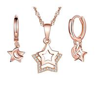 Yumilok 925 Sterling Silber Damen Halskette Creolen Ohrringe mit Anhänger Stern Mond Zirkonia Schmuck Set Roségold für Frauen Mädchen