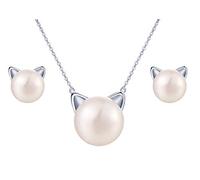 Yumilok 925 Sterling Silber Damen Halskette Kette mit Anhänge Katze Kätzchen Perlen Ohrstecker Ohrringe Piercing Ohrhänger Schmuck Set für Frauen Mädchen