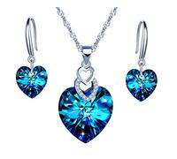 Yumilok 925 Sterling Silber Damen Halskette Kette mit Anhänger Blau Zirkonia Strass "Herz des Ozeans" Ohrstecker Ohrringe Piercing Ohrgehänger Schmuck Set für Frauen Mädchen