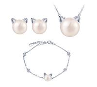 Yumilok 925 Sterling Silber Damen Halskette Kette mit Anhänger Katze Kätzchen Perlen Zirkonia Armbänder Armreifen Ohrstecker Ohrringe Schmuck Set für Frauen Mädchen