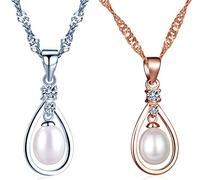 Yumilok 925 Sterling Silber Perle Zikonia Tränen Tropfen Anhänger Halsketten Ketten mit Anhänger für Damen Mädchen, 2 Stücke(Roségold und Silber)