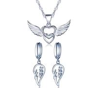 Yumilok 925 Sterling Silber Zirkonia Engelsflügel Doppel Herzen Ohrhänger Halskette Schmuck Set Ohrringe Kette mit Anhänger Set für Damen Mädchen