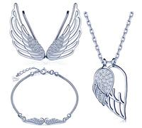 Yumilok 925 Sterling Silber Zirkonia Engelsflügel Halskette Charm-Armband Ohrklemme Schmuck Set Kette mit Anhänger Armkette Ohrringe Set für Damen Mädchen
