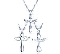 Yumilok 925 Sterling Silber Zirkonia Engelsflügel Herz Kreuz Anhänger Halskette Set Kette mit Anhänger für Damen Mädchen, 3 Stücke