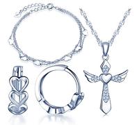 Yumilok 925 Sterling Silber Zirkonia Herzen Kreuz Halskette Charm-Armband Creolen Schmuck Set Kette mit Anhänger Armkette Ohrringe Set für Damen Mädchen
