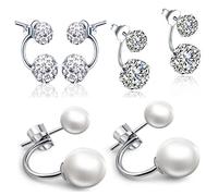 Yumilok 925 Sterling Silber Zirkonia Kristall Perlen Doppel Kugeln Ohrhänger Ohrstecker Ohrring Jackets Hypoallergen Ohrschmuck für Damen Frauen Mädchen, 3 Paare