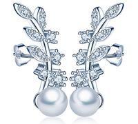 Yumilok 925 Sterling Silber Zirkonia Perlen Blätter Ohrstecker Ohrklemme Ohrringe Ohrschmuck Ear Cuffs für Damen Frauen Mädchen