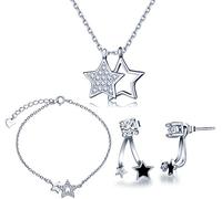 Yumilok 925 Sterling Silber Zirkonia Sterne Halskette Charm-Armband Armkette Ohrstecker Schmuck Set Kette mit Anhänger Armkette Ohrringe Jackets Set für Damen Mädchen