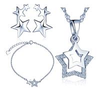 Yumilok 925 Sterling Silber Zirkonia Sterne Halskette Charm-Armband Ohrstecker Schmuck Set Armkette Ohrringe Kette mit Anhänger Set für Damen Mädchen