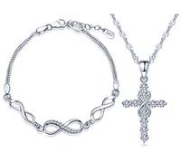 Yumilok 925 Sterling Silber Zirkonia Unendlichkeit Symbol Kreuz Charm Armband Halskette Damen Schmuck Set Armkette & Kette mit Anhänger Set