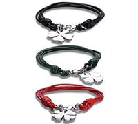Yumilok Armband für Damen Herren mit Kleeblatt Anhänger Charm-Armbänder Freundschaft Armreifen Strangarmbänder Armschmuck, 3 Stücke(Schwarz, Rot, Grün) Leder Edelstahl