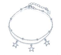Yumilok Damen Fußkettchen mit Kugel Stern Anhänger Doppelkette 925 Sterling Silber Fußkette Strand Sandale Barfuß verstellbares für Mädchen mit Verschluss